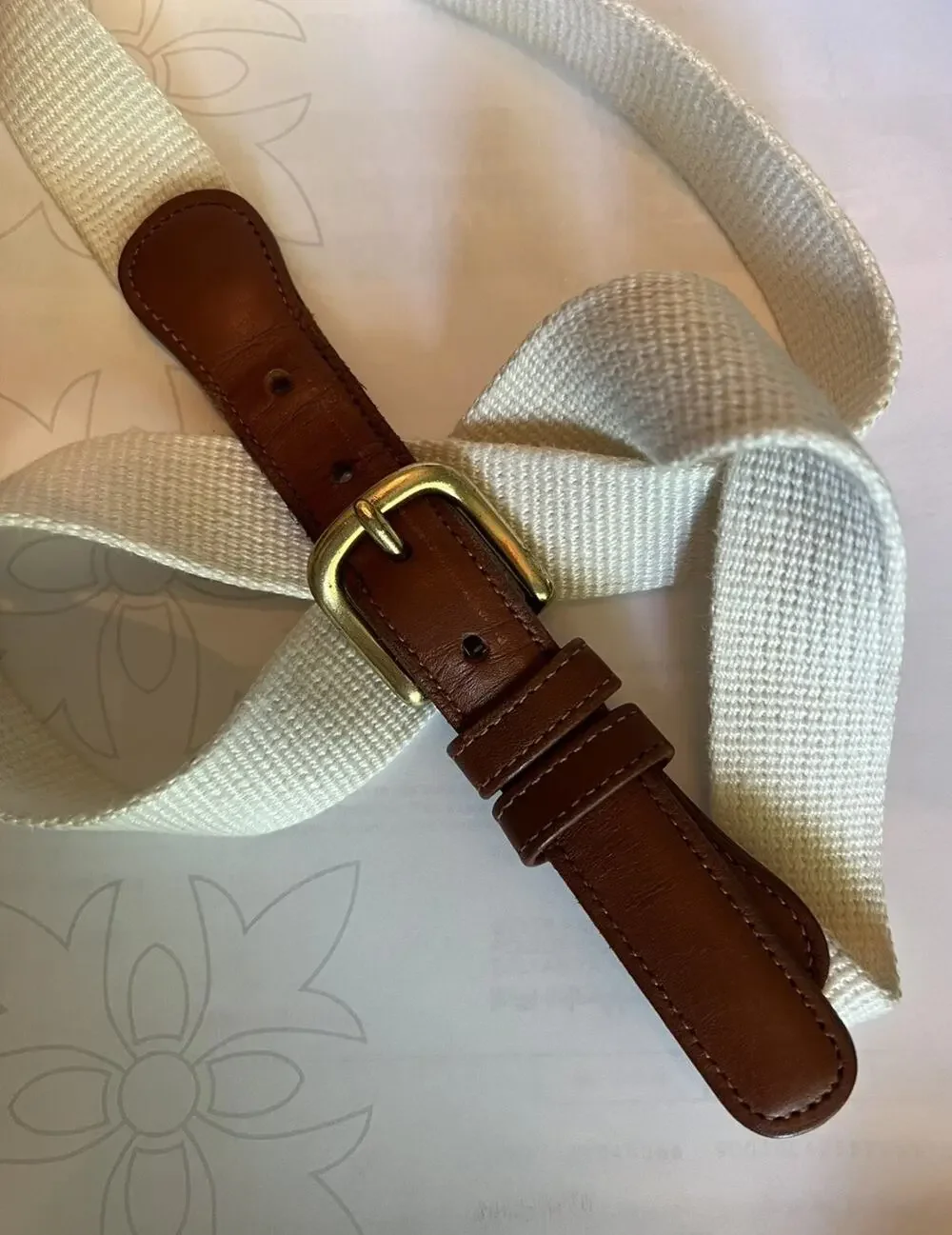 Coach Linen British Tan Leather Belt White SZ 38 Vintage 3380 Boho Rare Preppy